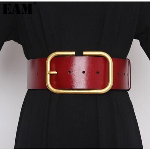 [EAM] Pu Leather Big Buckle Split Joint Long Wide Belt Personality Women New Fashion Tide All-match Spring Autumn 2021 1Z948