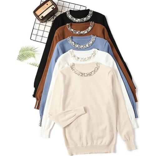 Ele-choices 5 Colors Casual Women Autumn Winter Solid Color Beads Decor Neck Loose Knitwear Sweater