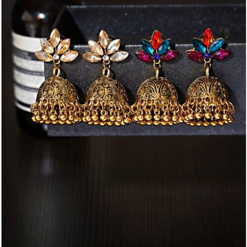 Ethnic Corful Rhinestone Wedding Earrings For Women 2021 Orecchini Jewelry Retro Gold Alloy Jhumka Ladies Earrings