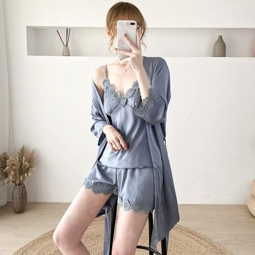 Pink Lace Satin Silk 3 Pieces Gown Robe Set for Women Sexy Ladies Sleepwear Femme Nightgown Robe+Sling+Sleep Short Nightwear