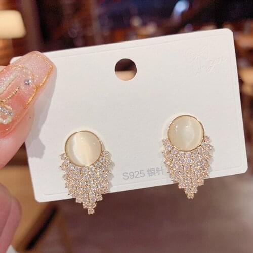 Korean Trendy Rhinestone Opal Earrings for Women Short Tassel Stud Earrings 2021 New Fashion Jewelry Elegant Delicate Ear Studs