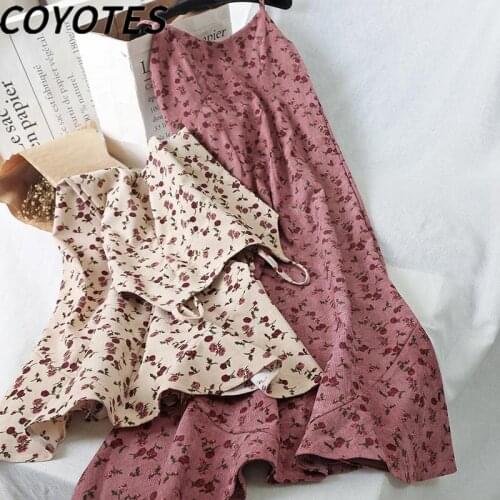 COYOTES Womens Dresses Corduroy V-neck Print Sling Mid-Calf Dress Women French Retro Sleeveless Floral Dress Autumn And Winter