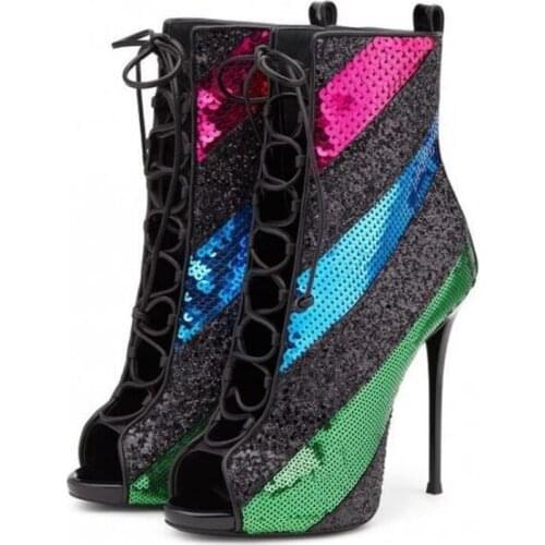 Leather Dress Boots Shoes Bling Sequined Cloth Mixed Colors Sandal Boots Sexy Peep Toe Cuts Out Ankle Boots Lace Up Heeled Shoes