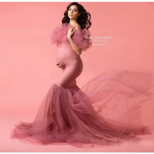 Fashion Dusty Pink Stretch Spandex Mermaid Pregnancy Dress Off The Shoulder Tulle Maternity Women Gowns To Photo-shoot Plus Size