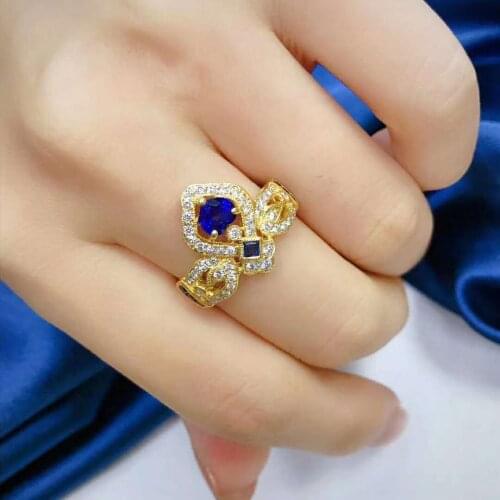 Fashion Shining Crown Inlaid with Blue Gem Ring Gold Color Opening Adjustable Ring Ladies Engagement Wedding Dinner Jewelry