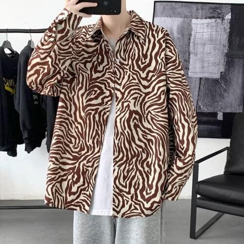 2021 Mens Loose Casual Printing Long Sleeve Camisa Masculina Streetwear Shirts Lapel Collar Fashion Trend Black/brown Shirts