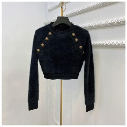 New Buttons Short Sweater for Women Slim Fit Long Sleeve High Waist Tight Knit Pullovers Lady Chic Crop Top 2021 Spring