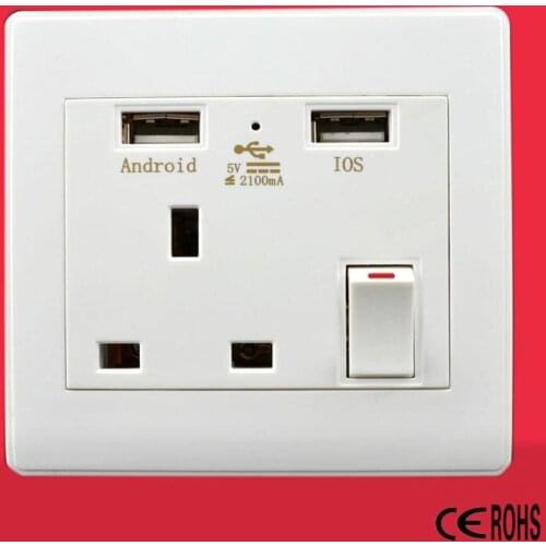 Wholesale 20pcs Dual 2 USB Wall Socket UK Plug Switch Power Supply Plate 2100mA Charger Home Socket DHL