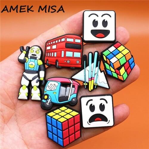 Dropshipping 1pcs Rubiks Cube PVC Shoe Charms Robot Tricycle Face Bus Shoe Accessories Decorations fit Croc Bracelet Kids Gifts