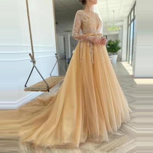 Sexy Deep V Neck Evening Dresses Long Elegant Lace Appliques A-line Prom Gowns 2021 with Full Sleeves Tulle Formal Party Dress