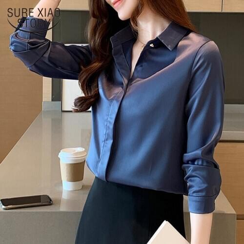 Spring Korean Fashion Satin Solid Women Tops and Blouse Silk Blouse Women Plus Size Office Lady Long Sleeve Women Shirts 10150