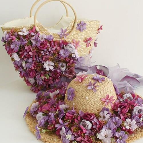 Angelatracy New Lolita Straw Ladies Women Summer Beach Bag Rattan Flowers Rattan Bag With Straw Hat Set Woven Handbag Bag Women