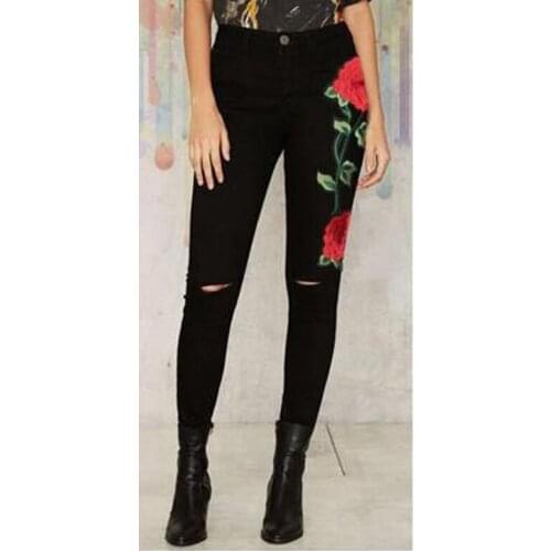 Woman High Waist 3D stereo Floral Embroidery Slim Pancil Pants Pure Cotton Knee Hole Female Denim Trousers