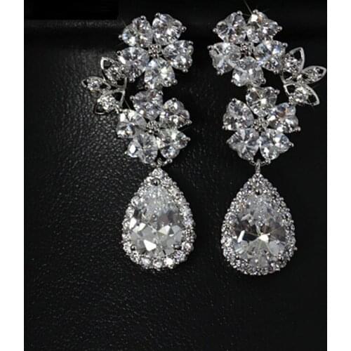Women Joyeria with Shining Clear Cubic Zircon Flower Teardrop Earrings Long Tear Drop CZ Stones Bridal Crystal Wedding Ohrringe