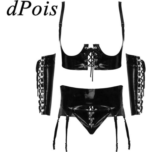 4Pcs Womens Wet Look Patent Leather Lingerie Set Open Bust Underwired Lace Up Corset Top Garter Panties G-string Briefs Sleeves