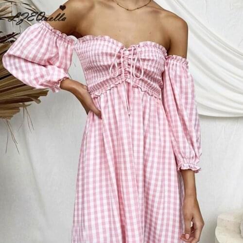 LZEQuella Slash Neck Plaid Ruffles Pink Long Dress Elegant High Waist Party Dresses Holiday Beach Sundress Vestidos NZ3663