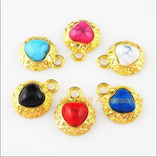 12 New Mixed Acrylic Charms Gold Color Heart Flower Pendants 13x16mm