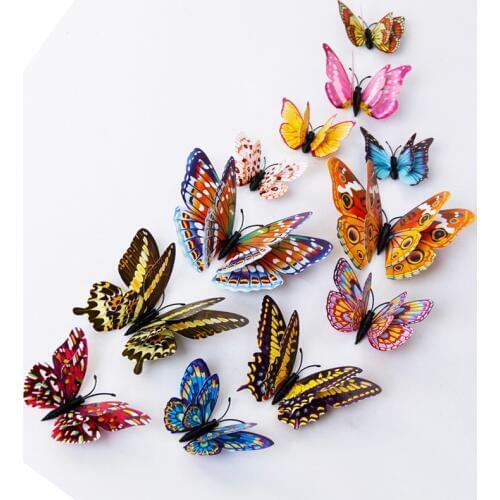 12pcs PVC 3D wall stickes home Decor DIY Butterfly Luminous glow in dark Design Decal Magnetic magnet sticking double feather