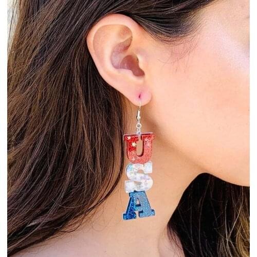 2020 Wholesale Cross-border Earrings Patriotic American Sequin Multicolor Acrylic Earrings Letter USA Earrings for Women