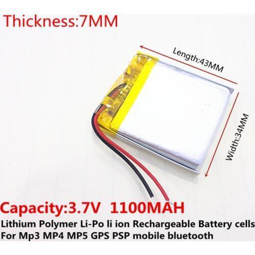 3.7V,1100mAH,[703443] Polymer lithium ion / Li-ion battery for DVR,GPS,mp3,mp4,mp5,speaker;instead