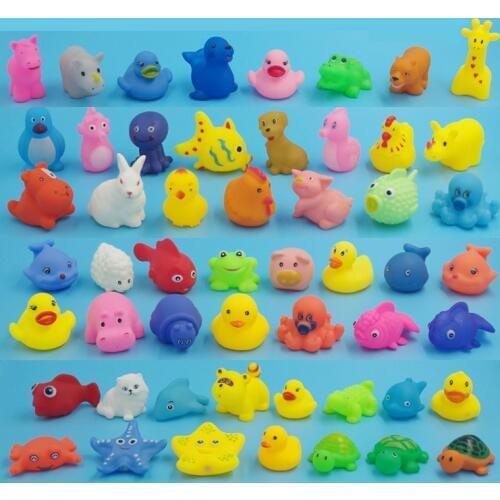 Random 5 pcs Lovely Mini Animals Duck Water Toys Colorful Soft Rubber Float Squeeze Sound Squeaky Bath Toy For Baby Kids