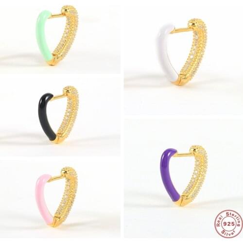 GS 925 Sterling Silver 2021 Trend Half Enamel Half Zircon Pave Heart Hoop Earrings Valentines gift for her Luxury Jewelry