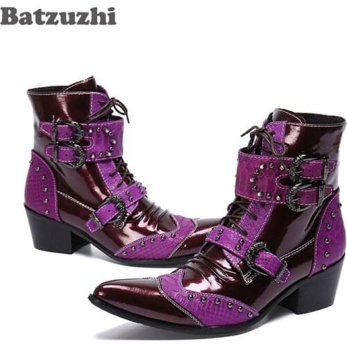 Batzuzhi Punk Rock Leather Boots MenNew Handmade Leather Men Boots Lace-up Buckle Party Motorcycle Botas Hombre,Big Size US6-12