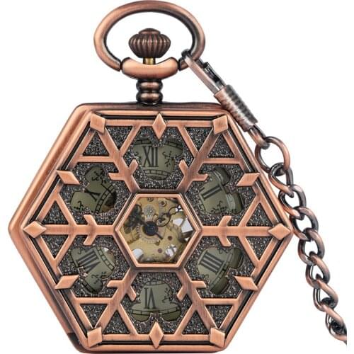 Bronze Red Copper Hexagone Shape Unisex Handwinding Mechanical Pocket Watch Skeleton Clock with Pendant Chain Roman Number Dial
