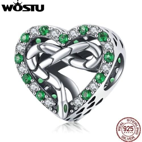 WOSTU 925 Sterling Silver Green Heart Snake Infinite Symbol Charm Forever Love Charm Beads Fit Original Bracelet DIY Jewelry