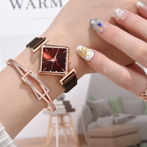 Womens watches Luxury watch Bracelet 2pcs set Square Stainless steel Mesh belt Branded Clock Original woman gift Montre Femme