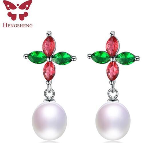 HENGSHENG 100% Real Natural Pearl Jewelry Women Dangle Earrings,Red Green Flower Pearl Drop Earrings,925 Silver Jewelry Earrings