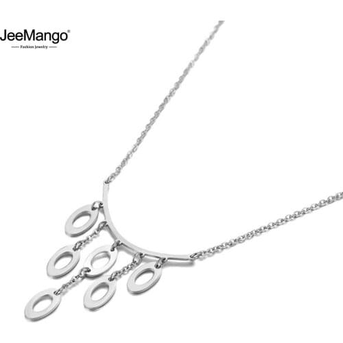 JeeMango Vintage Titanium Stainless Steel 6Pcs Oval Geometry Pendant Necklace Jewelry Trendy Charm Necklace For Women JN19115