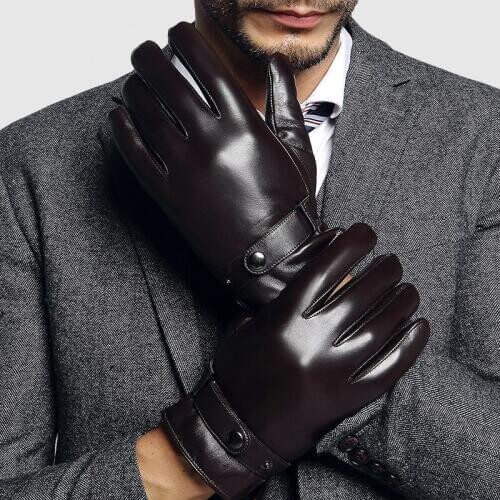 Leather Gloves Male Sheepskin Autumn Winter Keep Warm Plus Velvet Thicken Anti-Cold Business Wrist Buckle Mans Gloves TE2001