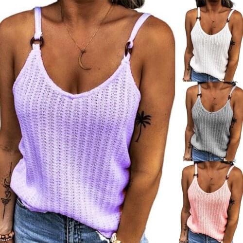 Summer Womens Solid Color Knitted Camisole Knit Low U-neck Outing Top