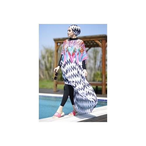 Muslim Swimwear Hijab On Patterned Kaftan Pareo Chevron Pearl