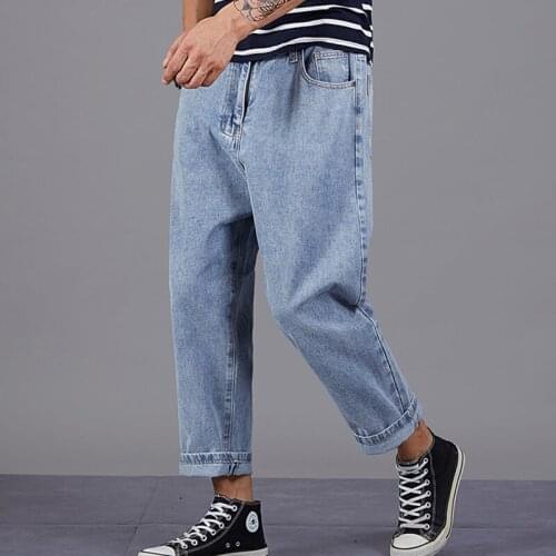Men nine-point jeans denim loose loose harem straight-leg pants plus size 28-48 men casual wide-legged 9-point pants