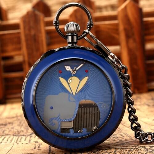 Men Black Music Pocket Watch Blue Elephant Pattern Dial Lady Flip Cover Pocket Watch Thick Chain Pendant Watch Christmas Gift