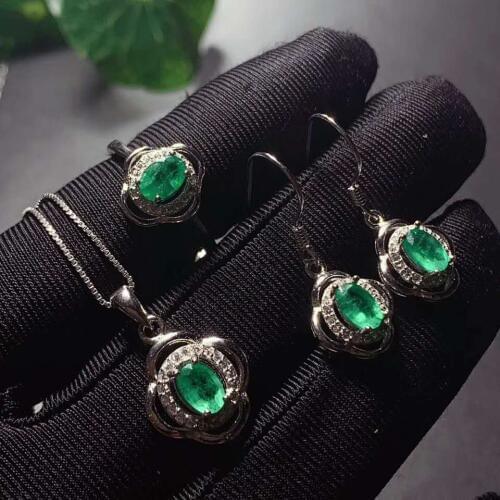 Real Natural Emerald jewelry set Natural Real Emerald 925 sterling silver 1pc pendant,1pc ring,2pcs Earring