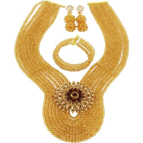 New Champagne Gold Crystal Costume Nigerian African Wedding Beads Jewelry Necklaces Set Bridal Beads Sets 8PD03
