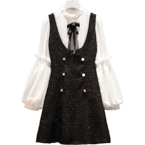 PERHAPS U Tweed Stand Collar Chiffon Tweed Patchwork Bow Button Puff Sleeve Long Sleeve Mini Dress D1594