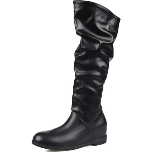 Womens Knee High Boots Leather Fashion Folding Slip on Autumn Winter High Boots Casual Wedges White Black Long Slim Boot Female