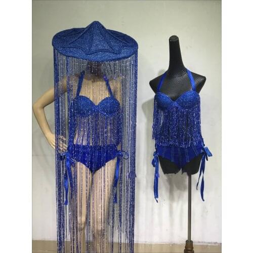 Tassel Hat Stage Costume Nightclub Singer Dancer Performance Rave Clothes Female Fringe Biniki Gogo Jazz Dancing Wear VDB3863