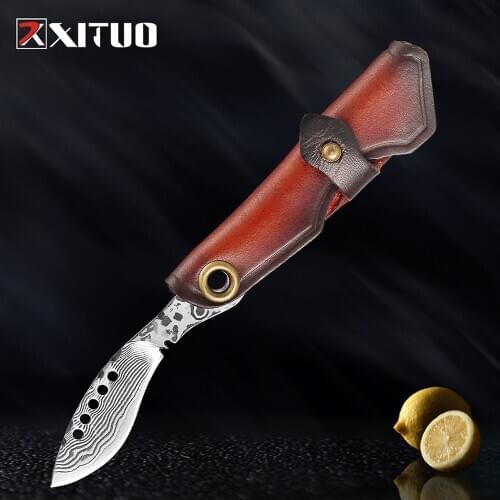XITUO Damascus Folding Knife Mini Sharp Razor Outdoor Kitchen Chef Knife Key Pocket Knife Exquisite Leather Handle Paring Knife
