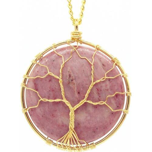 FYJS Unique Light Yellow Gold Color Wire Wrap Rhodonite Stone Pendant Tree of Life Necklace Link Chain Jewelry