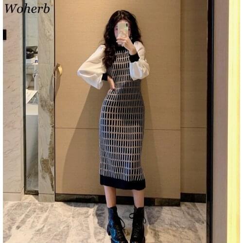 Woherb 2021 Spring Summer New Knitted Slim Dresses Long Puff Sleeve Women Plaid Pencil Sweater Dress Korean Sexy Vestidos