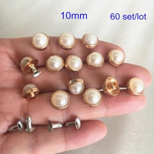 60 Sets of 10mm Domed Pearl Rivet,Gold Metal Cup,Half Round Pearl Rapid Rivet Stud For Leather Crafts,DIY Rivet Spike