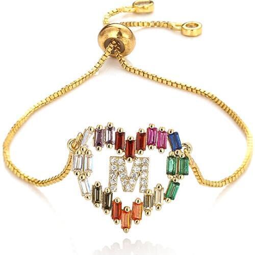 Womens rainbow heart letter bracelets jewelry gold cz colorful zircon bracelet bangle adjustable chain bracelet for women