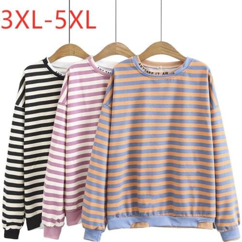 New 2021 Ladies Spring Autumn Plus Size Tops For Women Large Long Sleeve Loose Cotton Black Pink Stripe Sweatshirt 3XL 4XL 5XL