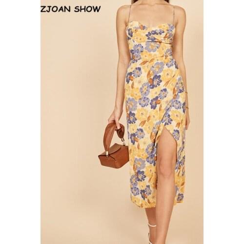 Retro French Style Orange Floral Print Bandage Spaghetti Strap Midi Dress White Sexy Women Sling Slit Summer Vestido