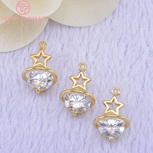 4PCS 17x11MM 24K Gold Color Plated Brass With Zircon Round Star Charms Pendant High Quality Jewelry Accessories